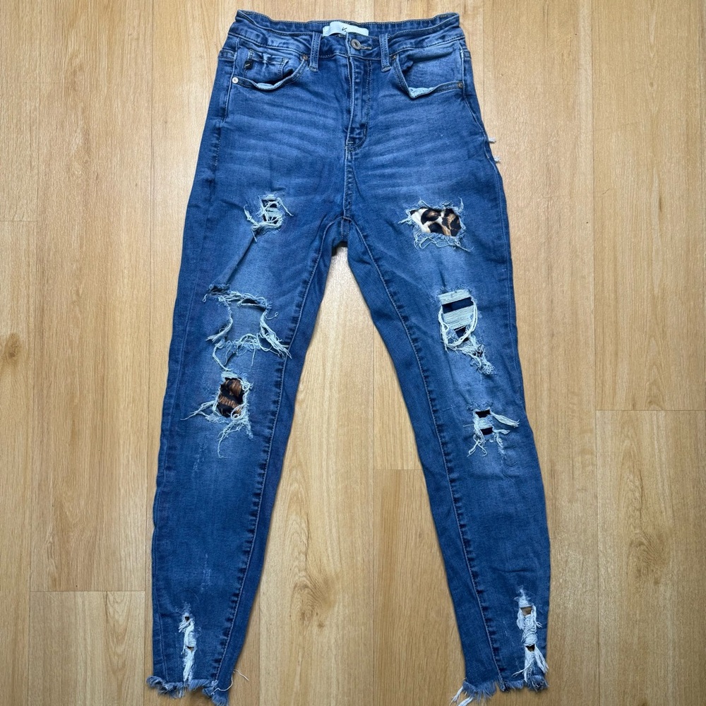 KanCan Ripped Blue Skinny Jeans Women's 7/27 Leopard Cutouts